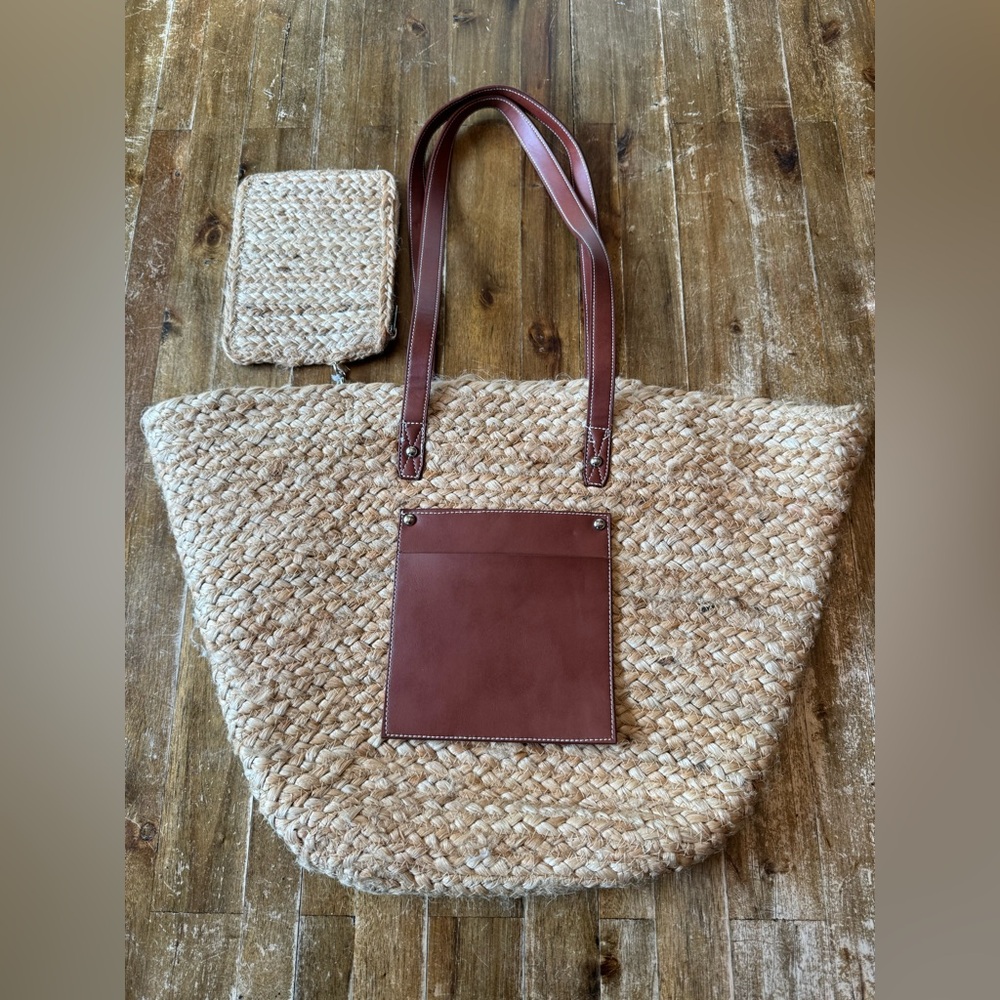 NWT Haute Hippie Brand Large Stylish Woven Tote Bag w/ Brown Accents & Clutch